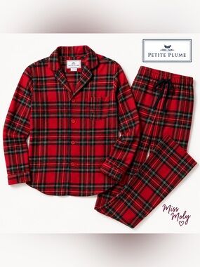 Petite Plume Red Tartan Plaid Cotton Pajama Set Button Front Luxury XS/S